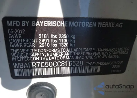 2012 BMW 535I from USA, damaged, VIN WBAFR7C50CC816528